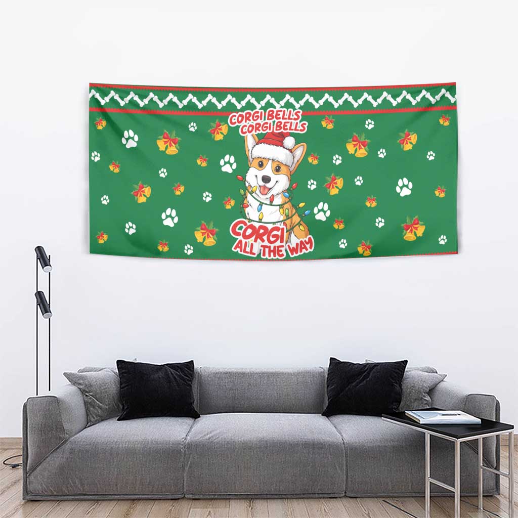 Corgi Dog Lights Corgi Bells Corgi All the Way Tapestry wirh Green Snowflake Pattern Design - Wonder Print Shop