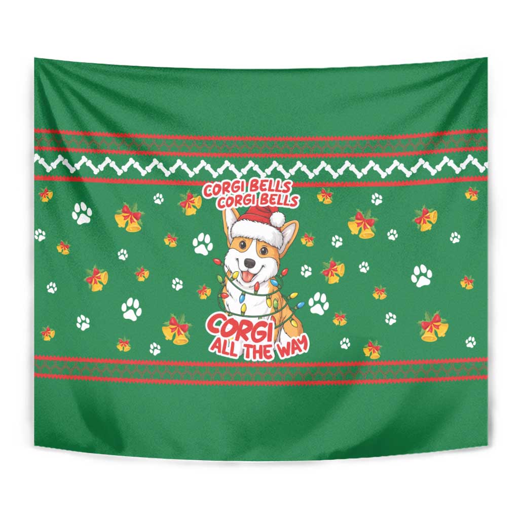 Corgi Dog Lights Corgi Bells Corgi All the Way Tapestry wirh Green Snowflake Pattern Design - Wonder Print Shop