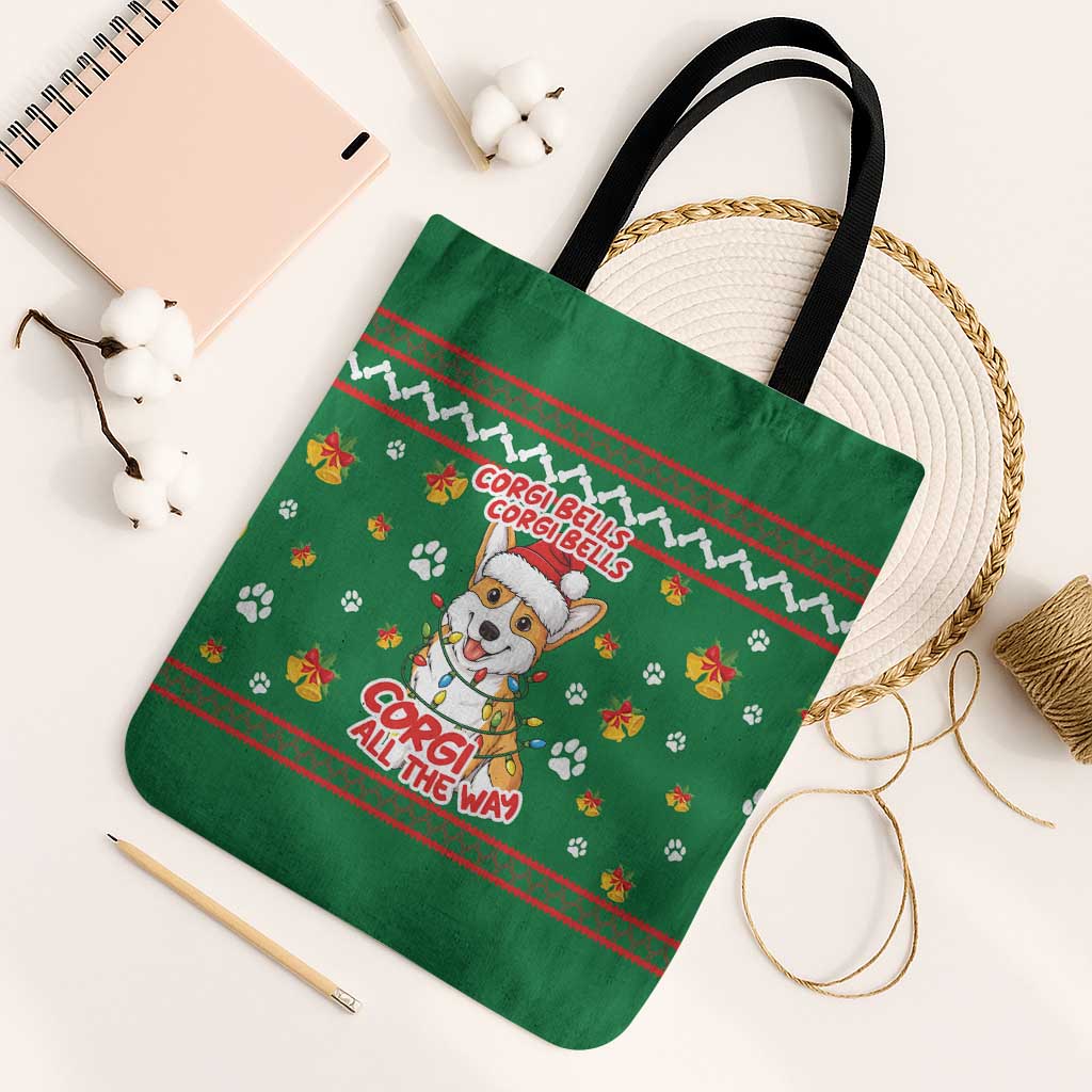 Corgi Dog Lights Corgi Bells Corgi All the Way Tote Bag wirh Green Snowflake Pattern Design - Wonder Print Shop