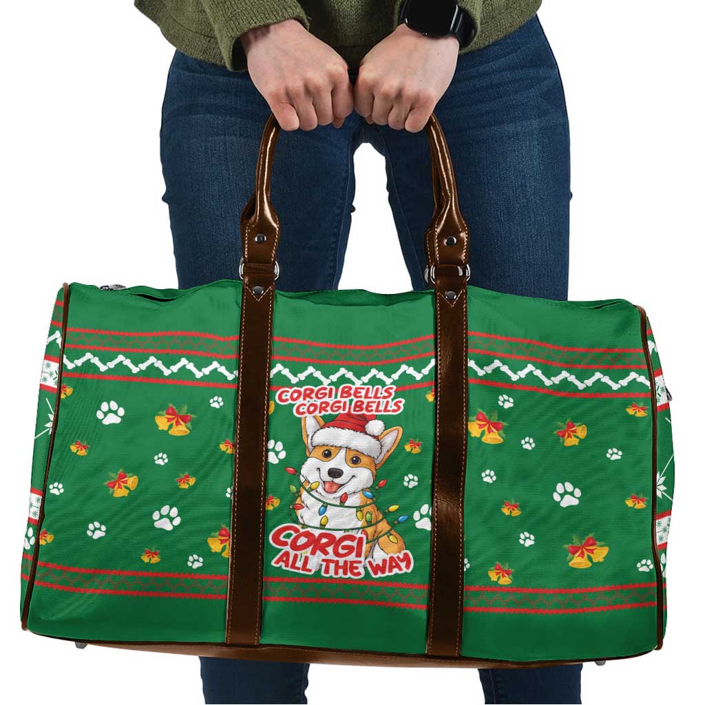Corgi Dog Lights Corgi Bells Corgi All the Way Travel Bag wirh Green Snowflake Pattern Design - Wonder Print Shop
