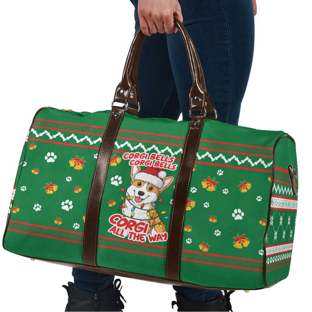 Corgi Dog Lights Corgi Bells Corgi All the Way Travel Bag wirh Green Snowflake Pattern Design - Wonder Print Shop