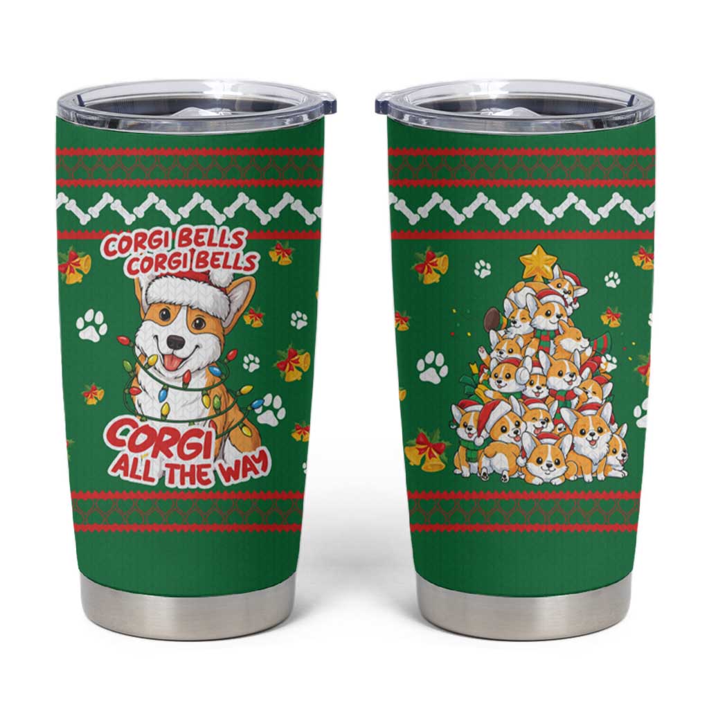 Corgi Dog Lights Corgi Bells Corgi All the Way Tumbler Cup wirh Green Snowflake Pattern Design - Wonder Print Shop