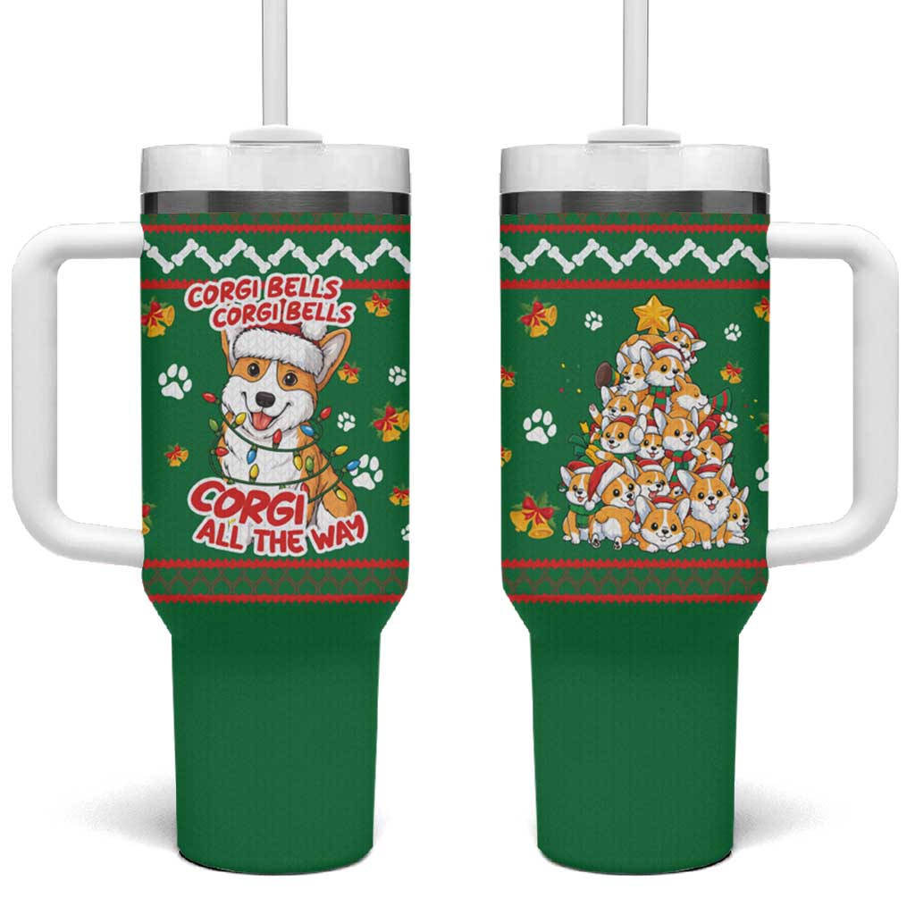 Corgi Dog Lights Corgi Bells Corgi All the Way Tumbler With Handle wirh Green Snowflake Pattern Design - Wonder Print Shop
