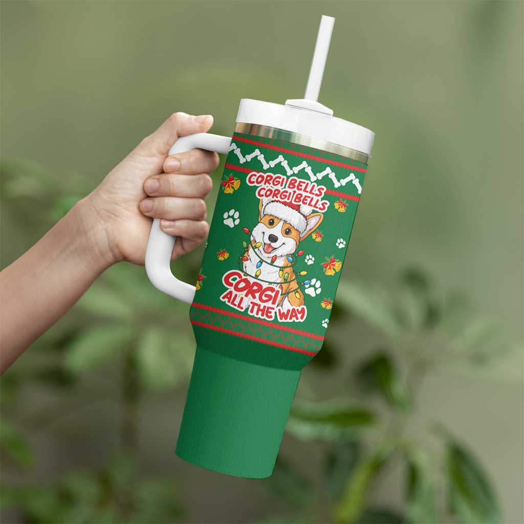 Corgi Dog Lights Corgi Bells Corgi All the Way Tumbler With Handle wirh Green Snowflake Pattern Design - Wonder Print Shop