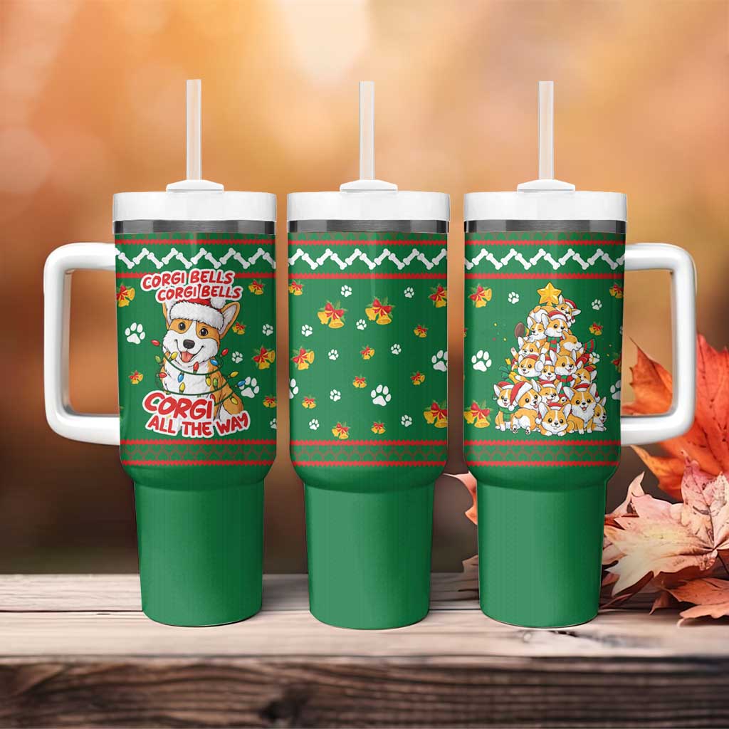 Corgi Dog Lights Corgi Bells Corgi All the Way Tumbler With Handle wirh Green Snowflake Pattern Design - Wonder Print Shop