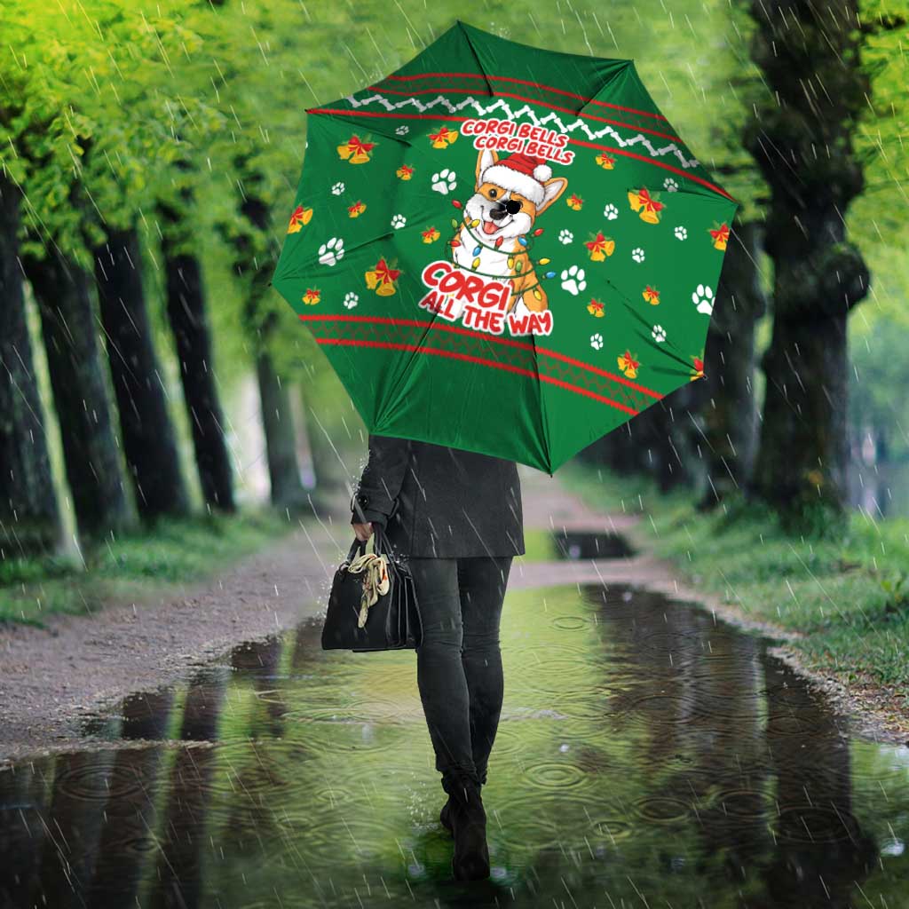 Corgi Dog Lights Corgi Bells Corgi All the Way Umbrella wirh Green Snowflake Pattern Design - Wonder Print Shop