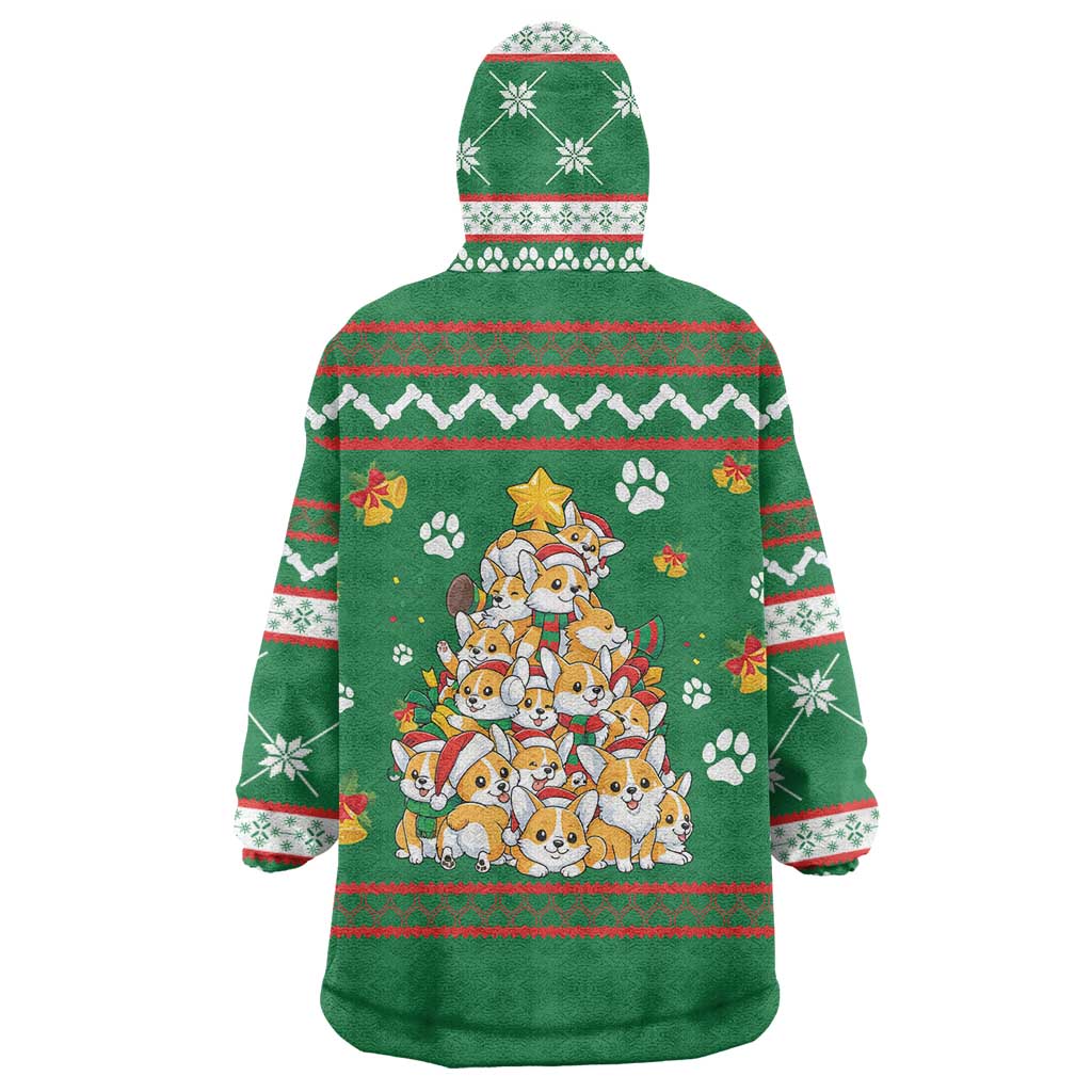 Corgi Dog Lights Corgi Bells Corgi All the Way Wearable Blanket Hoodie wirh Green Snowflake Pattern Design - Wonder Print Shop