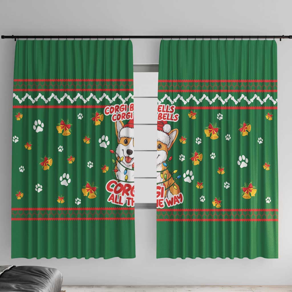 Corgi Dog Lights Corgi Bells Corgi All the Way Window Curtain wirh Green Snowflake Pattern Design - Wonder Print Shop