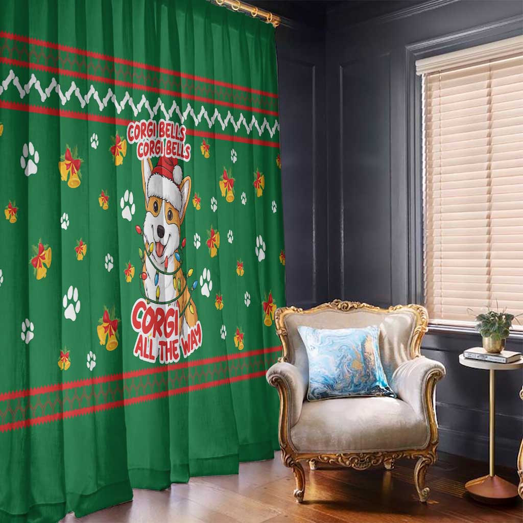Corgi Dog Lights Corgi Bells Corgi All the Way Window Curtain wirh Green Snowflake Pattern Design - Wonder Print Shop