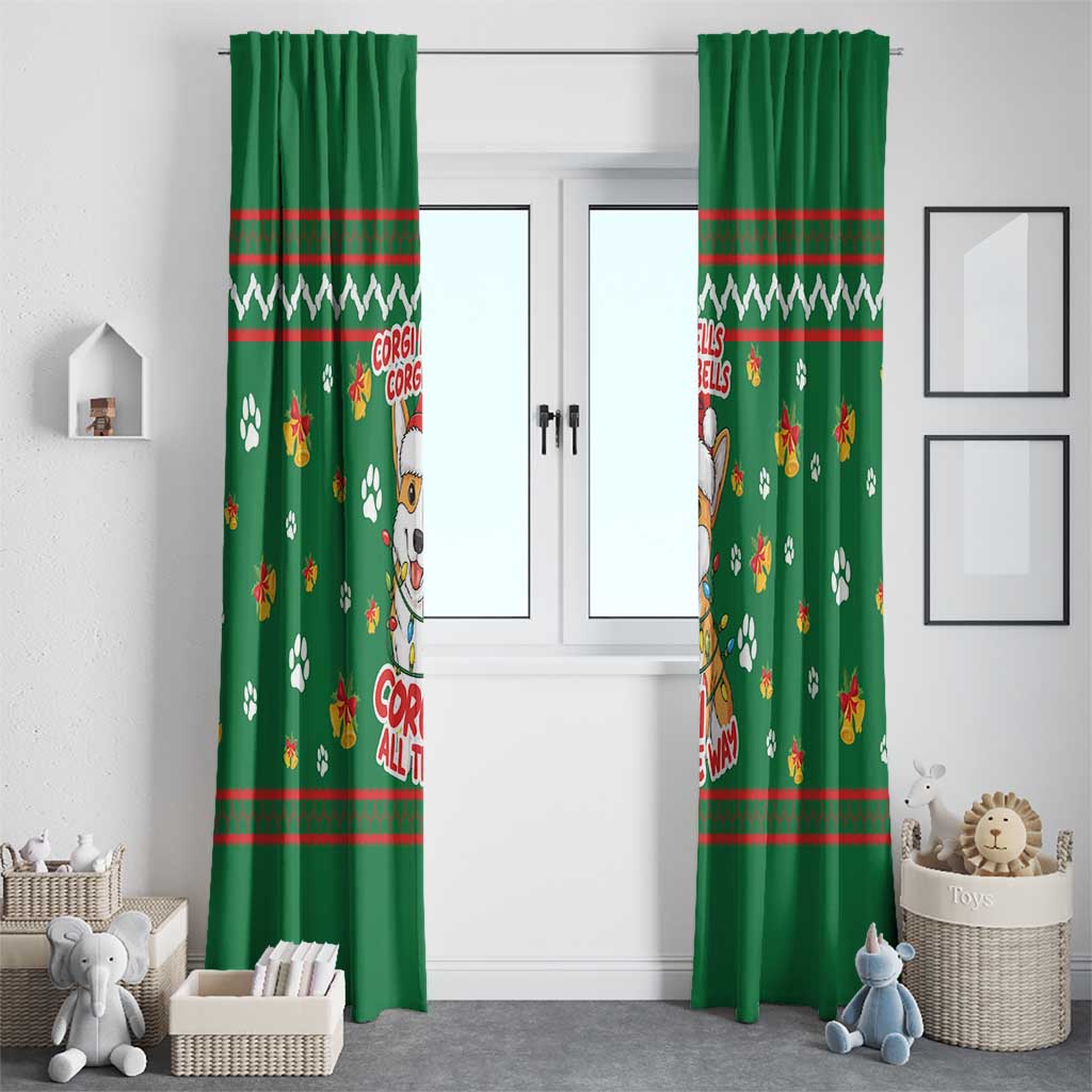 Corgi Dog Lights Corgi Bells Corgi All the Way Window Curtain wirh Green Snowflake Pattern Design - Wonder Print Shop