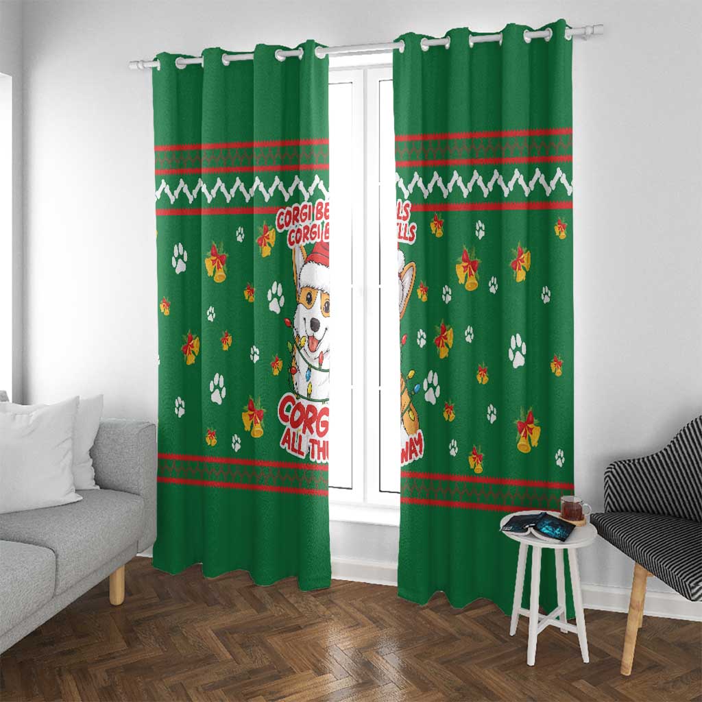 Corgi Dog Lights Corgi Bells Corgi All the Way Window Curtain wirh Green Snowflake Pattern Design - Wonder Print Shop