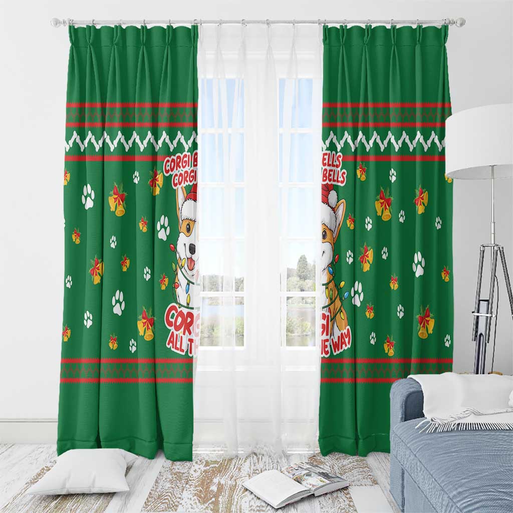 Corgi Dog Lights Corgi Bells Corgi All the Way Window Curtain wirh Green Snowflake Pattern Design - Wonder Print Shop