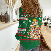 Corgi Dog Lights Corgi Bells Corgi All the Way Women Casual Shirt wirh Green Snowflake Pattern Design - Wonder Print Shop
