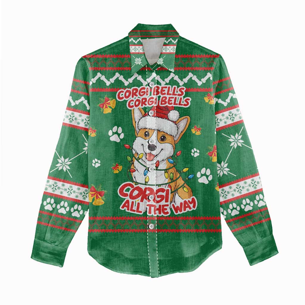 Corgi Dog Lights Corgi Bells Corgi All the Way Women Casual Shirt wirh Green Snowflake Pattern Design - Wonder Print Shop