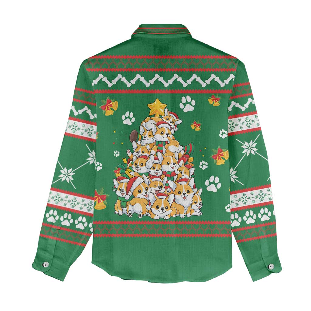 Corgi Dog Lights Corgi Bells Corgi All the Way Women Casual Shirt wirh Green Snowflake Pattern Design - Wonder Print Shop
