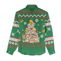 Corgi Dog Lights Corgi Bells Corgi All the Way Women Casual Shirt wirh Green Snowflake Pattern Design - Wonder Print Shop