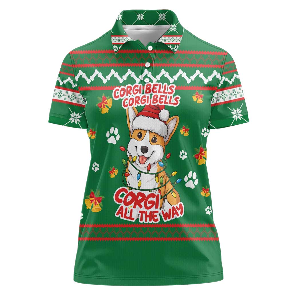 Corgi Dog Lights Corgi Bells Corgi All the Way Women Polo Shirt wirh Green Snowflake Pattern Design - Wonder Print Shop