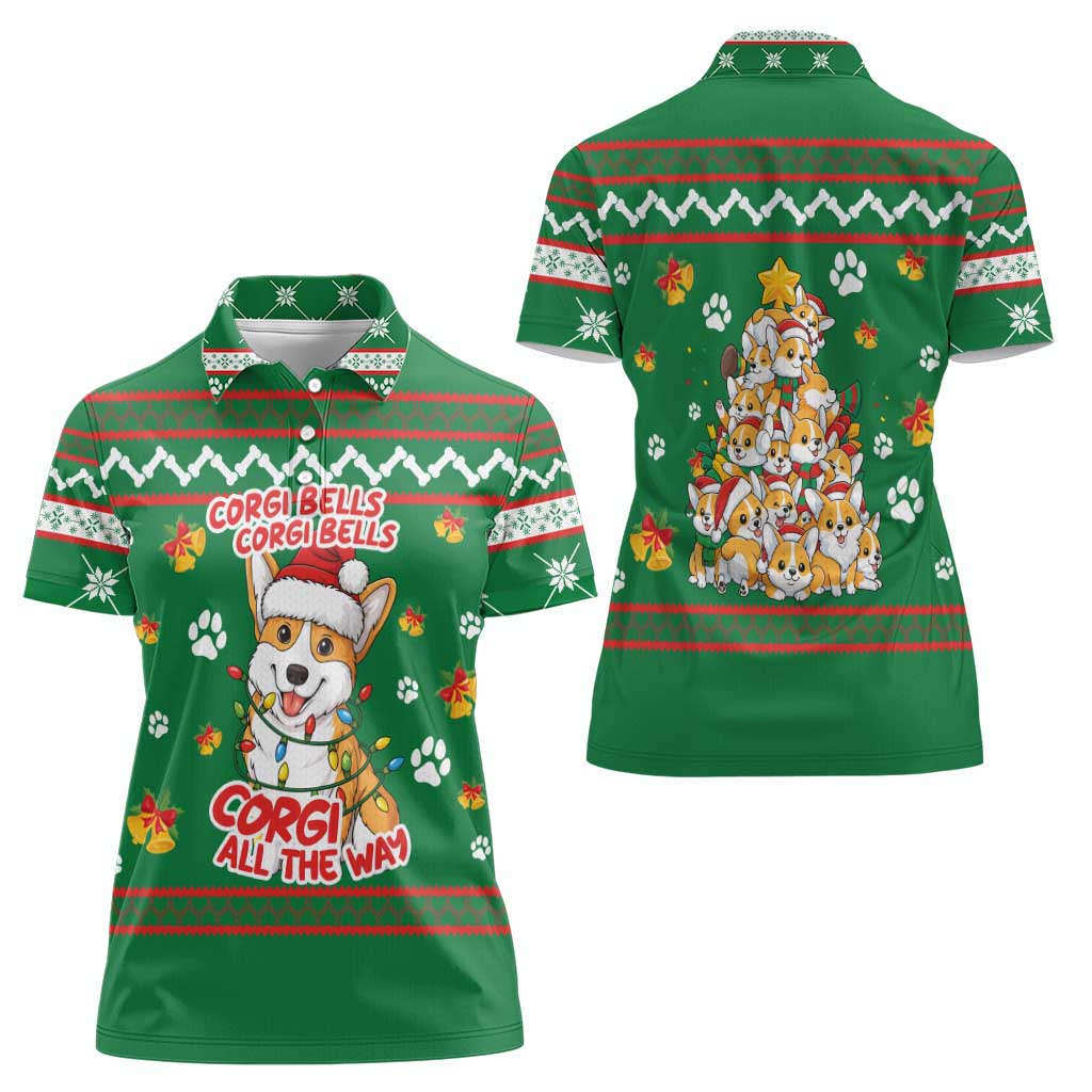 Corgi Dog Lights Corgi Bells Corgi All the Way Women Polo Shirt wirh Green Snowflake Pattern Design - Wonder Print Shop