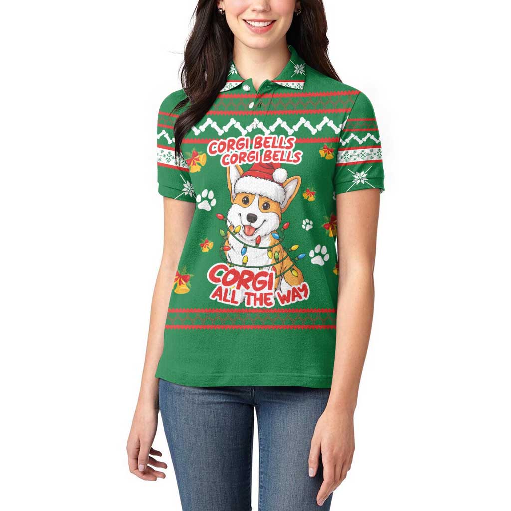 Corgi Dog Lights Corgi Bells Corgi All the Way Women Polo Shirt wirh Green Snowflake Pattern Design - Wonder Print Shop