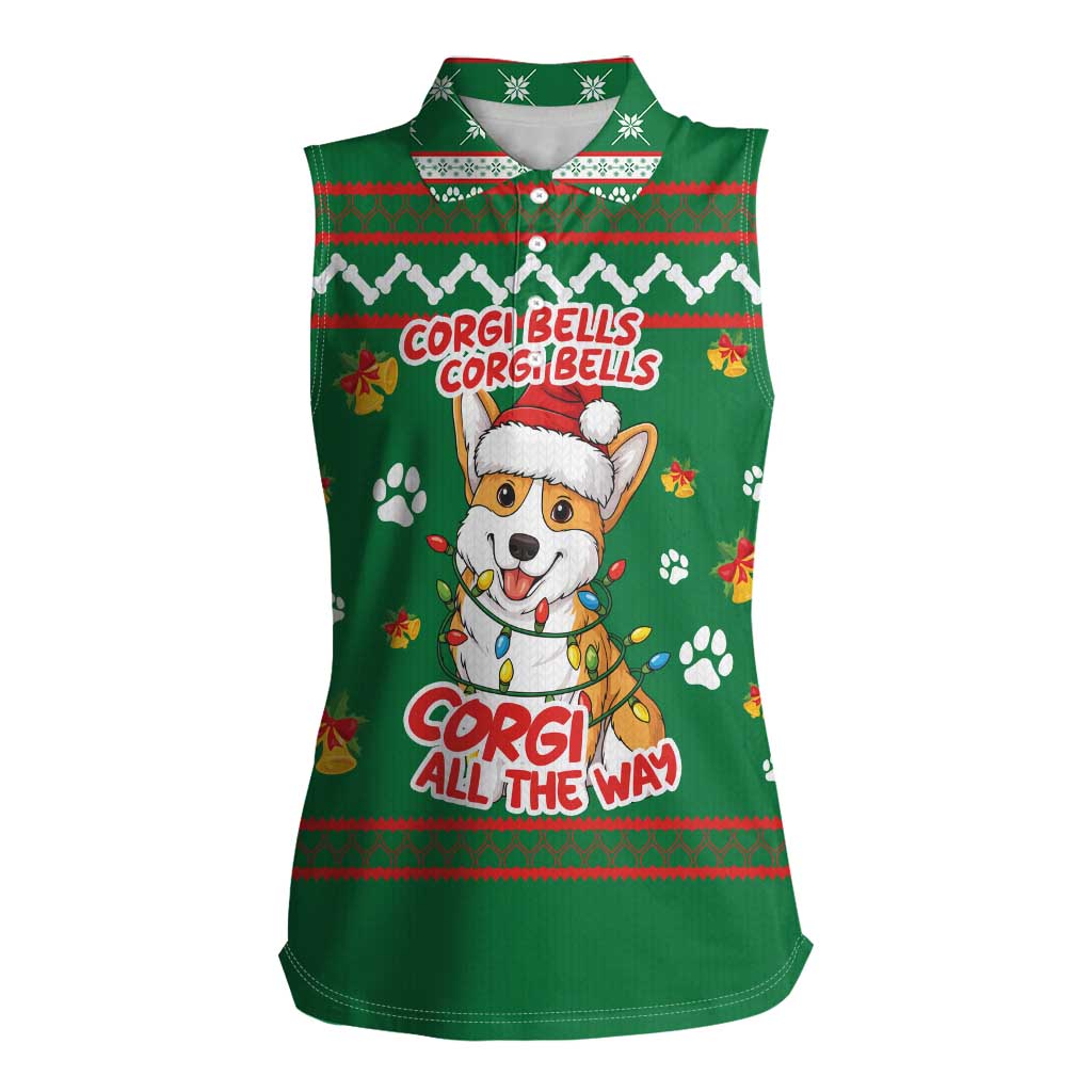 Corgi Dog Lights Corgi Bells Corgi All the Way Women Sleeveless Polo Shirt wirh Green Snowflake Pattern Design - Wonder Print Shop