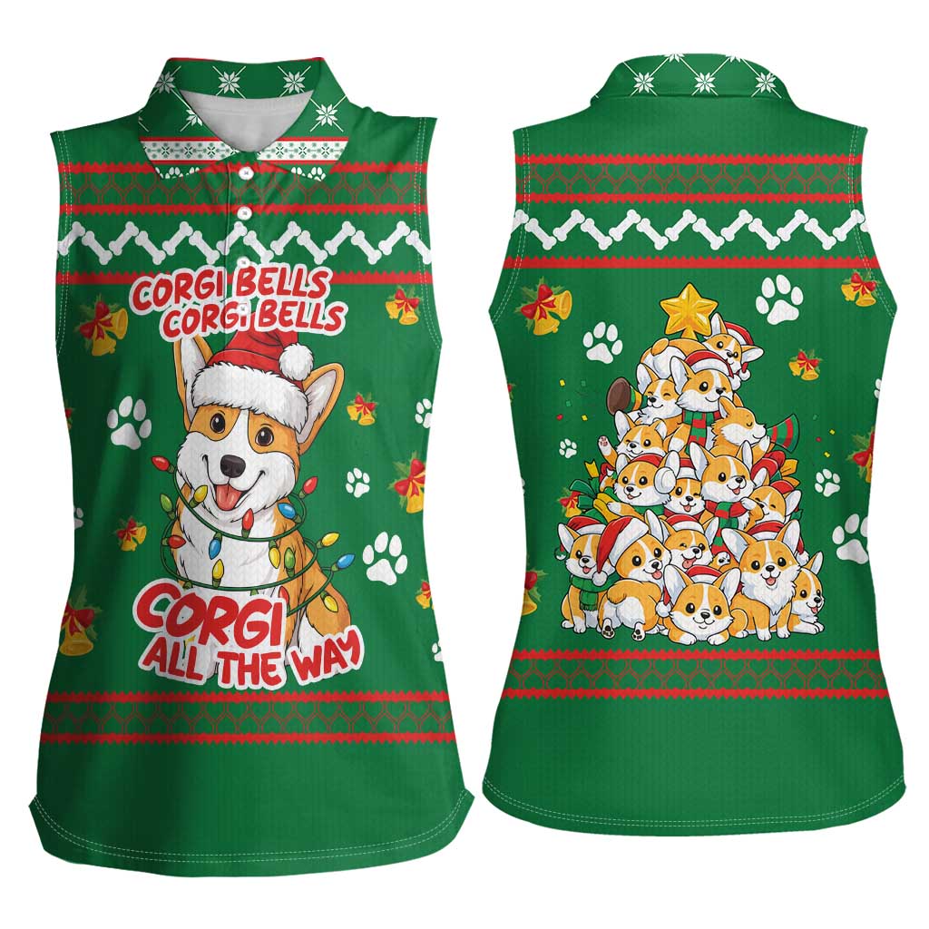 Corgi Dog Lights Corgi Bells Corgi All the Way Women Sleeveless Polo Shirt wirh Green Snowflake Pattern Design - Wonder Print Shop