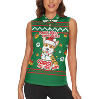 Corgi Dog Lights Corgi Bells Corgi All the Way Women Sleeveless Polo Shirt wirh Green Snowflake Pattern Design - Wonder Print Shop
