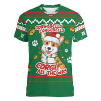Corgi Dog Lights Corgi Bells Corgi All the Way Women V-Neck T-Shirt wirh Green Snowflake Pattern Design - Wonder Print Shop