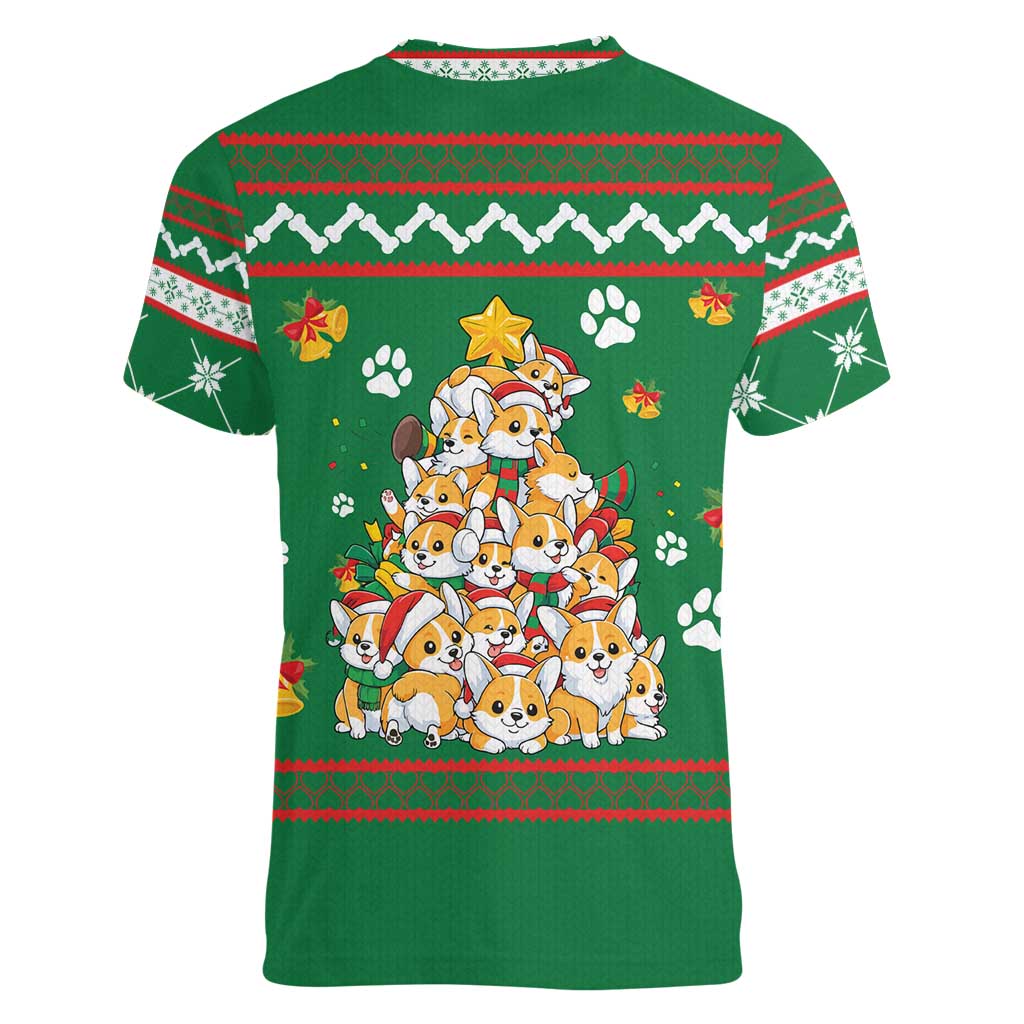 Corgi Dog Lights Corgi Bells Corgi All the Way Women V-Neck T-Shirt wirh Green Snowflake Pattern Design - Wonder Print Shop