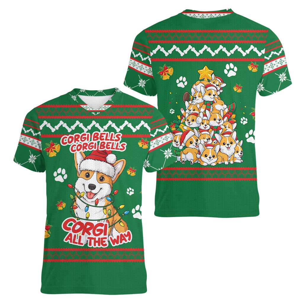 Corgi Dog Lights Corgi Bells Corgi All the Way Women V-Neck T-Shirt wirh Green Snowflake Pattern Design - Wonder Print Shop