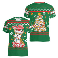 Corgi Dog Lights Corgi Bells Corgi All the Way Women V-Neck T-Shirt wirh Green Snowflake Pattern Design - Wonder Print Shop