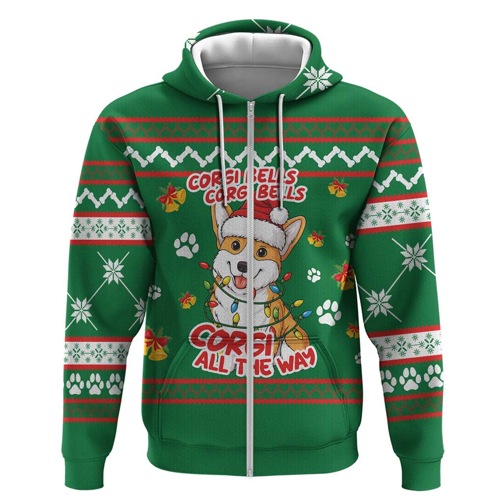 Corgi Dog Lights Corgi Bells Corgi All the Way Zip Hoodie wirh Green Snowflake Pattern Design - Wonder Print Shop