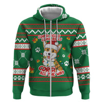 Corgi Dog Lights Corgi Bells Corgi All the Way Zip Hoodie wirh Green Snowflake Pattern Design - Wonder Print Shop