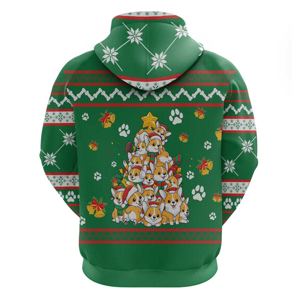 Corgi Dog Lights Corgi Bells Corgi All the Way Zip Hoodie wirh Green Snowflake Pattern Design - Wonder Print Shop