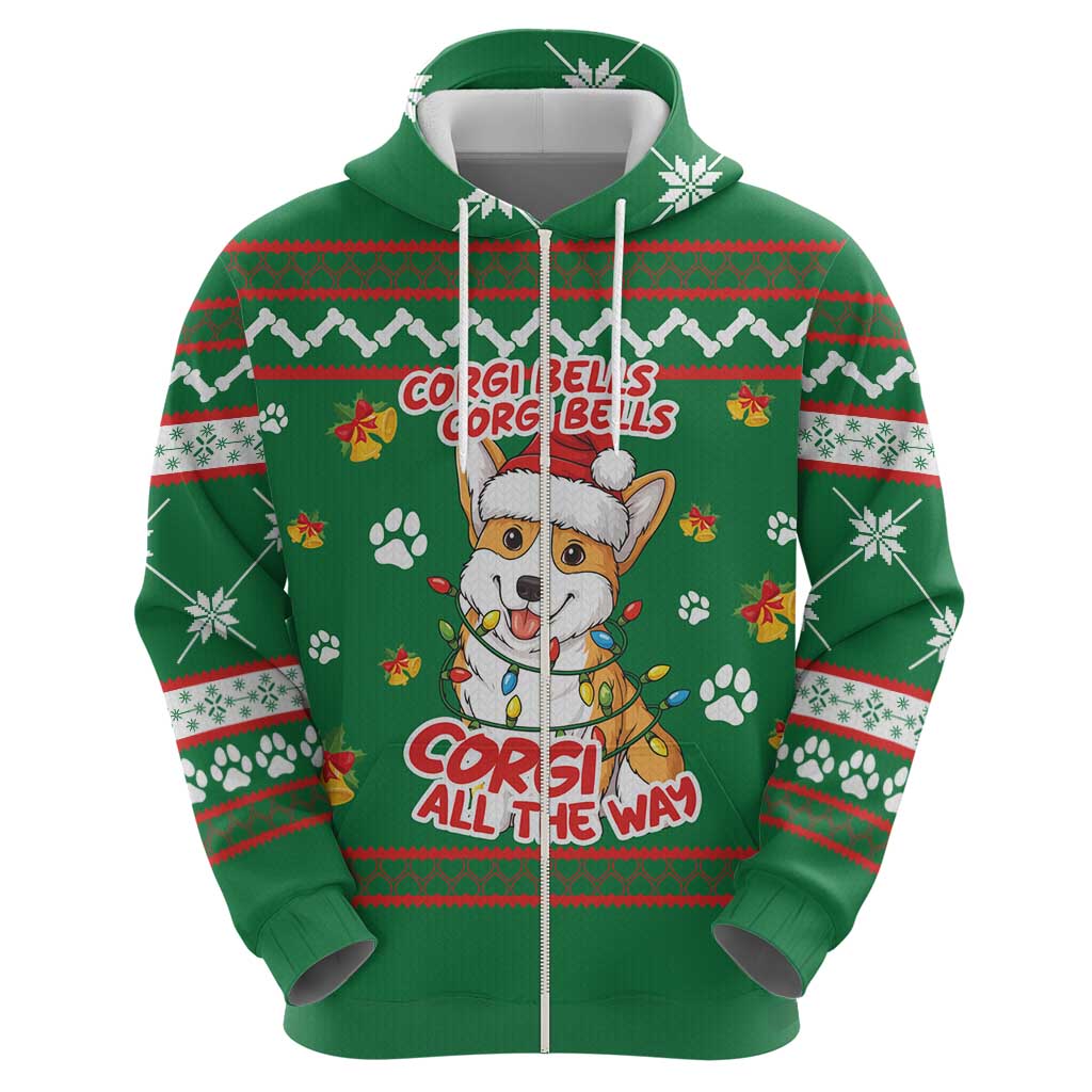 Corgi Dog Lights Corgi Bells Corgi All the Way Zip Hoodie wirh Green Snowflake Pattern Design - Wonder Print Shop