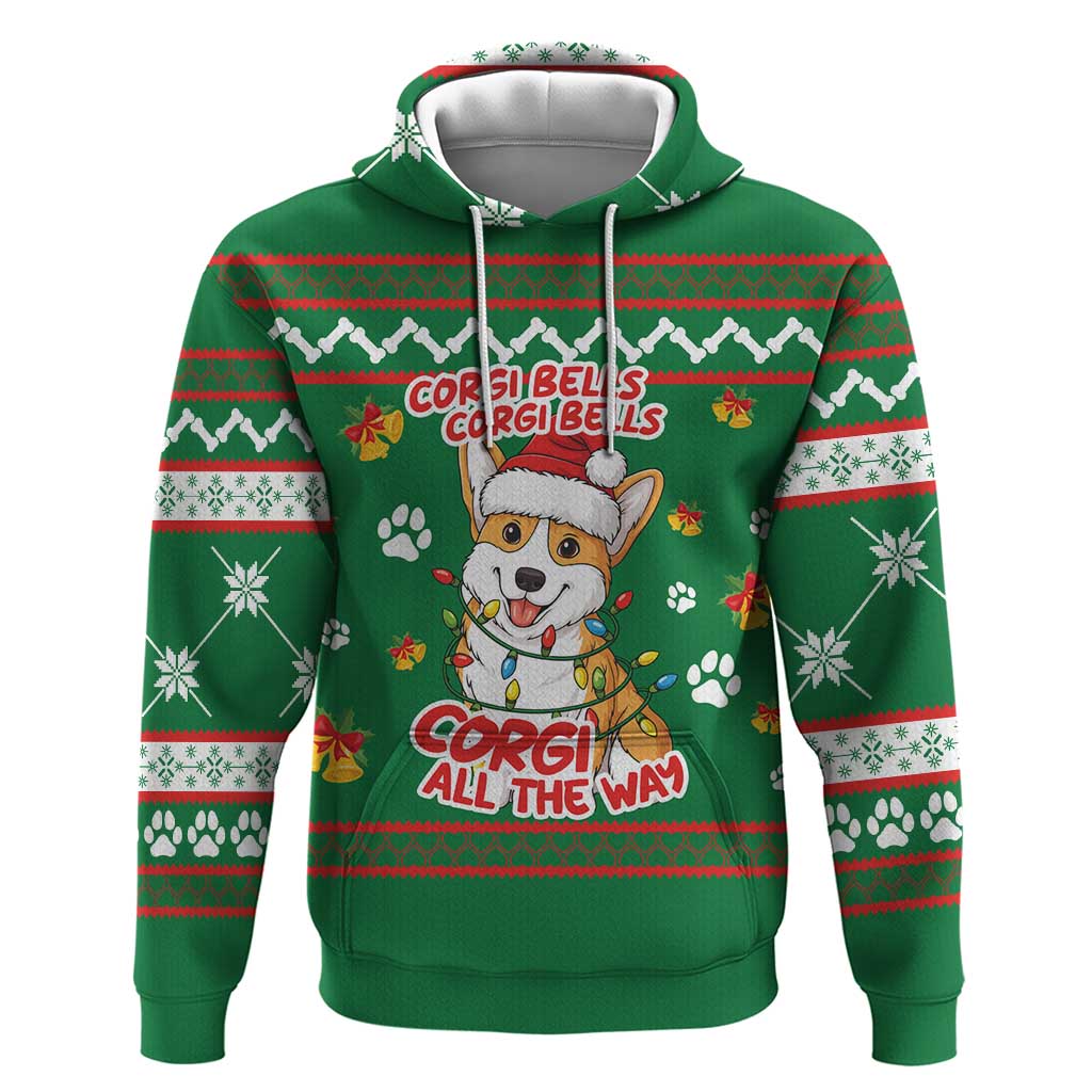 Corgi Dog Lights Corgi Bells Corgi All the Way Zip Hoodie wirh Green Snowflake Pattern Design - Wonder Print Shop