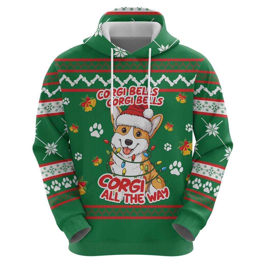 Corgi Dog Lights Corgi Bells Corgi All the Way Zip Hoodie wirh Green Snowflake Pattern Design - Wonder Print Shop