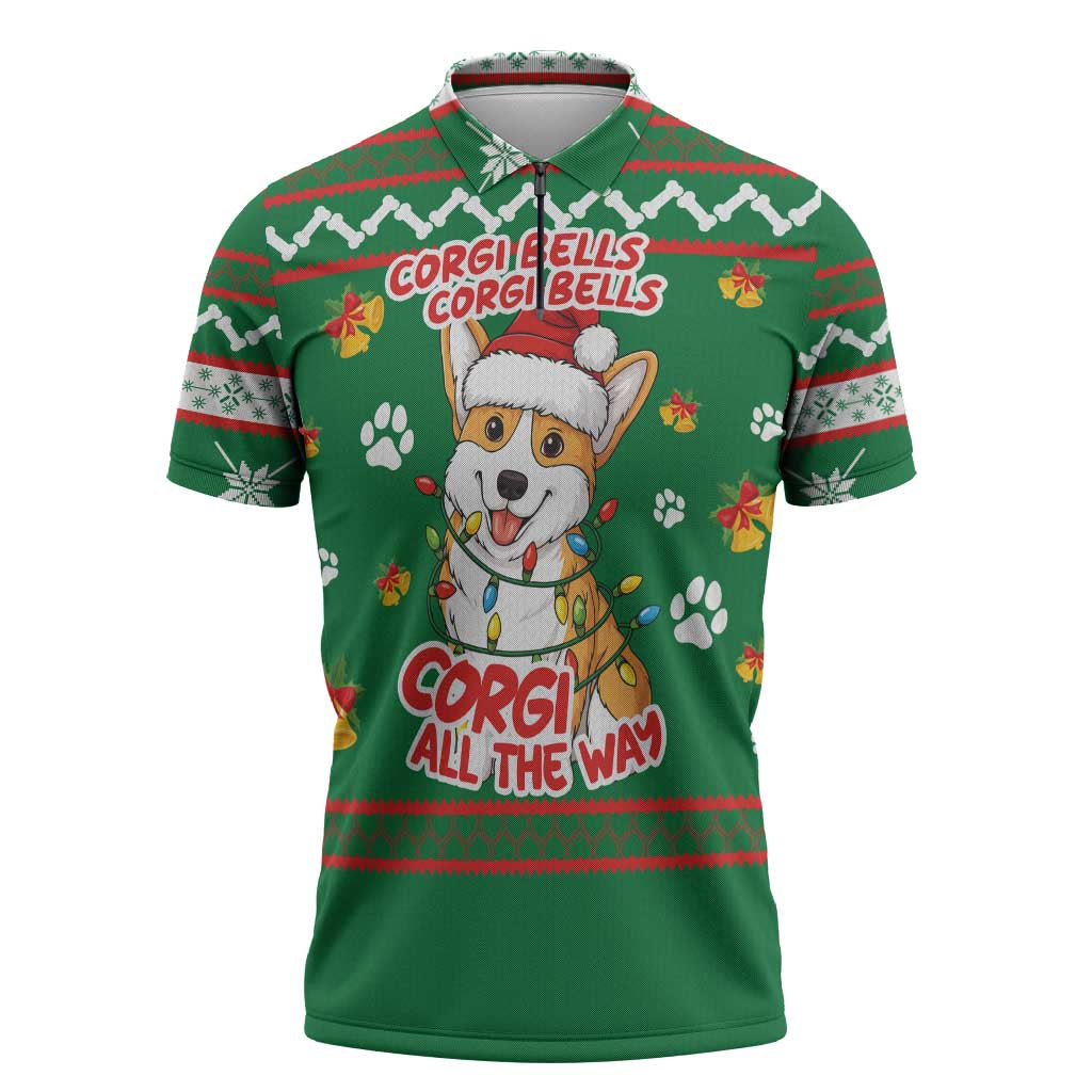 Corgi Dog Lights Corgi Bells Corgi All the Way Zipper Polo Shirt wirh Green Snowflake Pattern Design - Wonder Print Shop