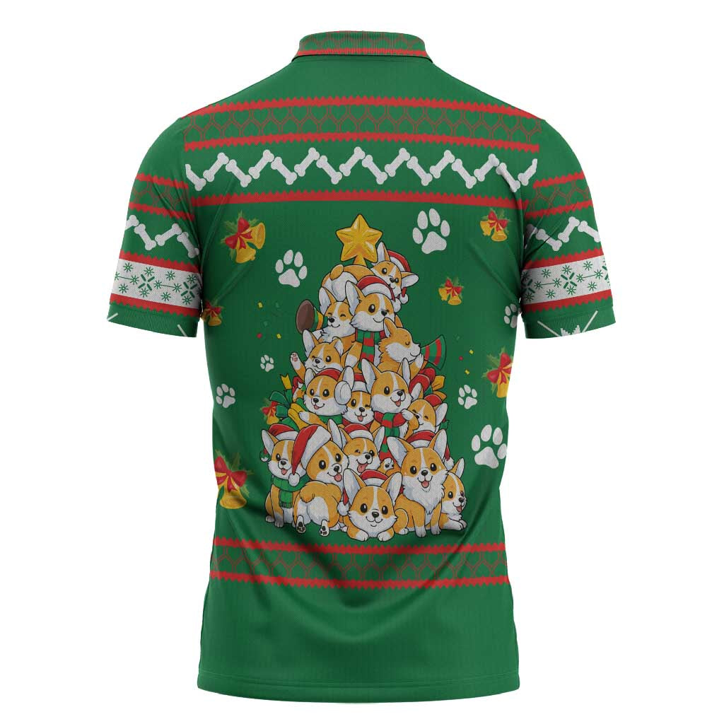 Corgi Dog Lights Corgi Bells Corgi All the Way Zipper Polo Shirt wirh Green Snowflake Pattern Design - Wonder Print Shop