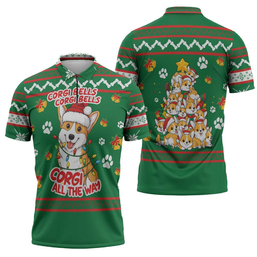 Corgi Dog Lights Corgi Bells Corgi All the Way Zipper Polo Shirt wirh Green Snowflake Pattern Design - Wonder Print Shop