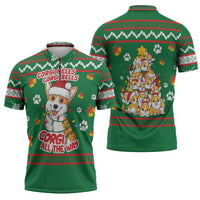 Corgi Dog Lights Corgi Bells Corgi All the Way Zipper Polo Shirt wirh Green Snowflake Pattern Design - Wonder Print Shop