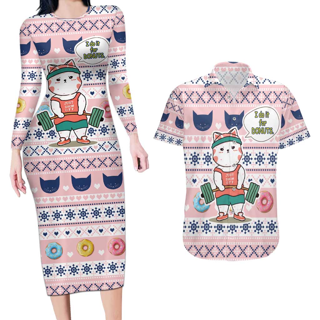 Cat I Do It For Donuts Christmas Couples Matching Long Sleeve Bodycon Dress and Hawaiian Shirt Xmas Holiday Patterns - Wonder Print Shop