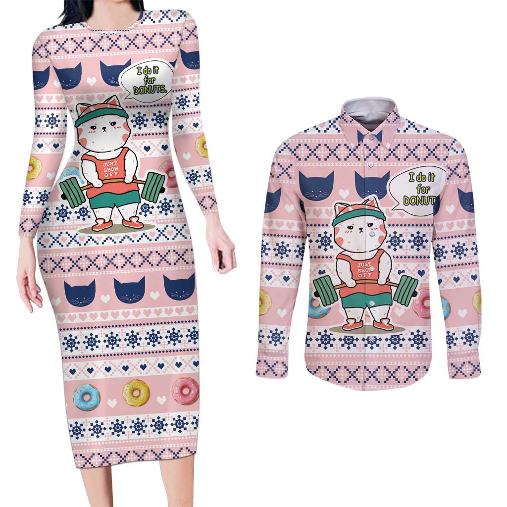 Cat I Do It For Donuts Christmas Couples Matching Long Sleeve Bodycon Dress and Long Sleeve Button Shirt Xmas Holiday Patterns - Wonder Print Shop