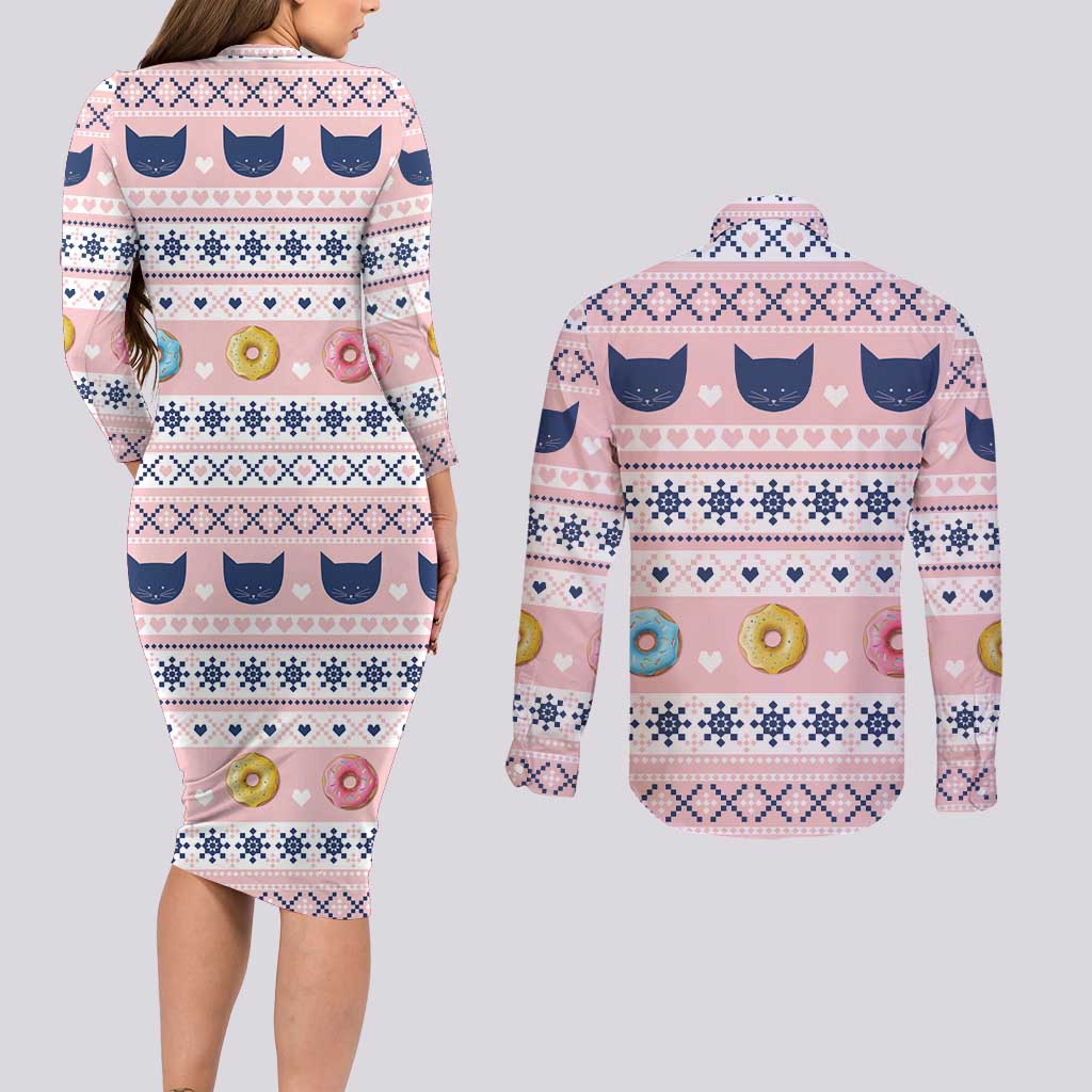 Cat I Do It For Donuts Christmas Couples Matching Long Sleeve Bodycon Dress and Long Sleeve Button Shirt Xmas Holiday Patterns - Wonder Print Shop
