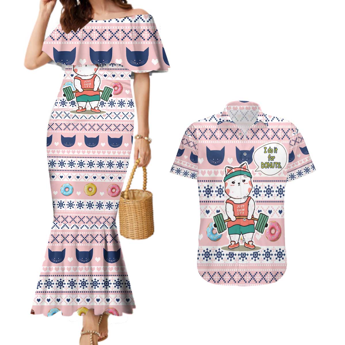 Cat I Do It For Donuts Christmas Couples Matching Mermaid Dress and Hawaiian Shirt Xmas Holiday Patterns - Wonder Print Shop