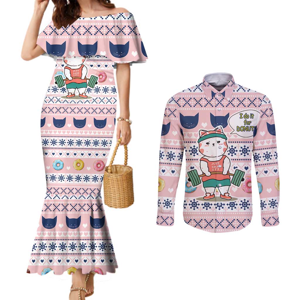 Cat I Do It For Donuts Christmas Couples Matching Mermaid Dress and Long Sleeve Button Shirt Xmas Holiday Patterns - Wonder Print Shop
