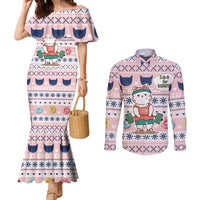 Cat I Do It For Donuts Christmas Couples Matching Mermaid Dress and Long Sleeve Button Shirt Xmas Holiday Patterns - Wonder Print Shop