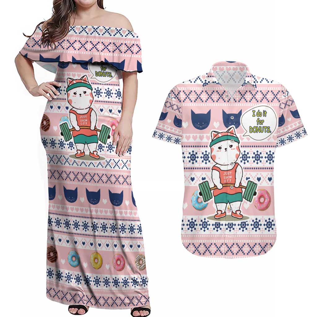 Cat I Do It For Donuts Christmas Couples Matching Off Shoulder Maxi Dress and Hawaiian Shirt Xmas Holiday Patterns - Wonder Print Shop