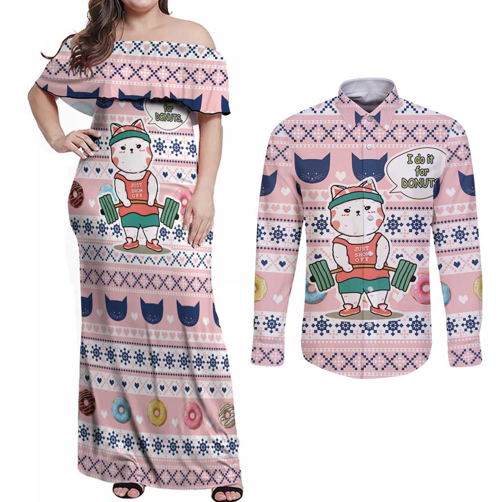 Cat I Do It For Donuts Christmas Couples Matching Off Shoulder Maxi Dress and Long Sleeve Button Shirt Xmas Holiday Patterns - Wonder Print Shop
