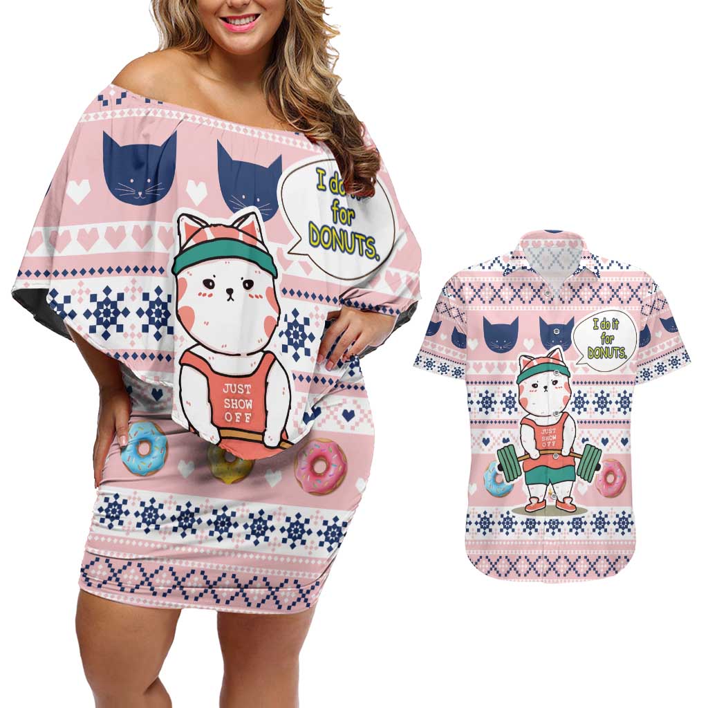 Cat I Do It For Donuts Christmas Couples Matching Off Shoulder Short Dress and Hawaiian Shirt Xmas Holiday Patterns - Wonder Print Shop