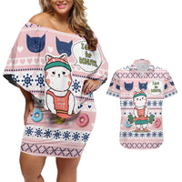 Cat I Do It For Donuts Christmas Couples Matching Off Shoulder Short Dress and Hawaiian Shirt Xmas Holiday Patterns - Wonder Print Shop